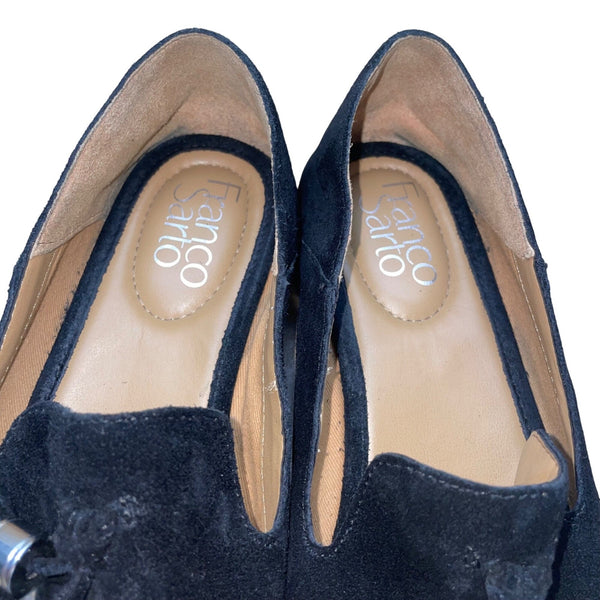 Franco Sarto Women’s Black Suede Silver Accent Tassel Loafers Size 8M