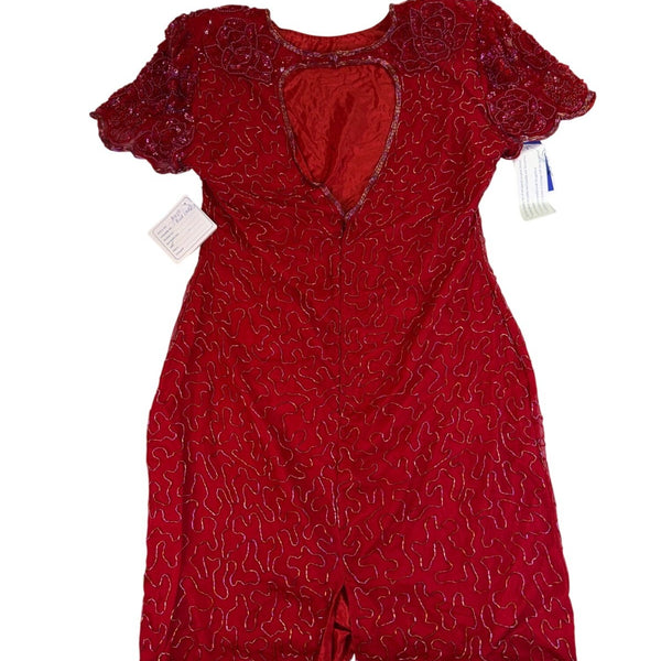 Swee Lo Womens Red Silk Beaded Cocktail Party Dress Rayon Lining Size L 10-12