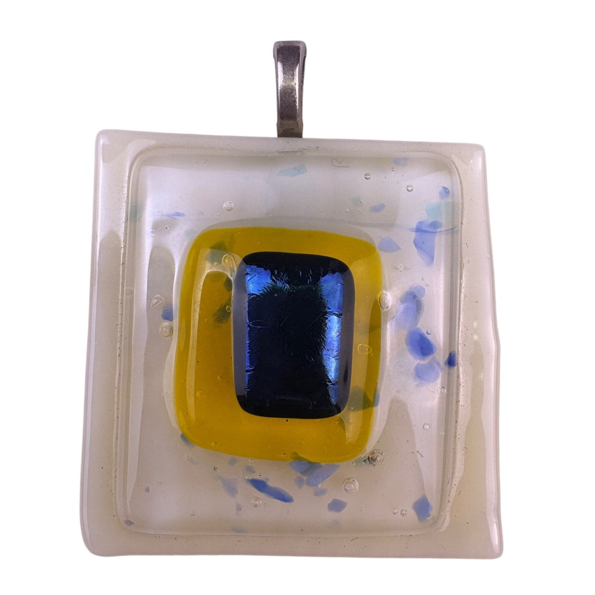  Yellow & Multicolor Fused Glass Pendant Square Unique Design