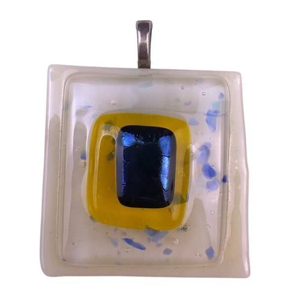  Yellow & Multicolor Fused Glass Pendant Square Unique Design