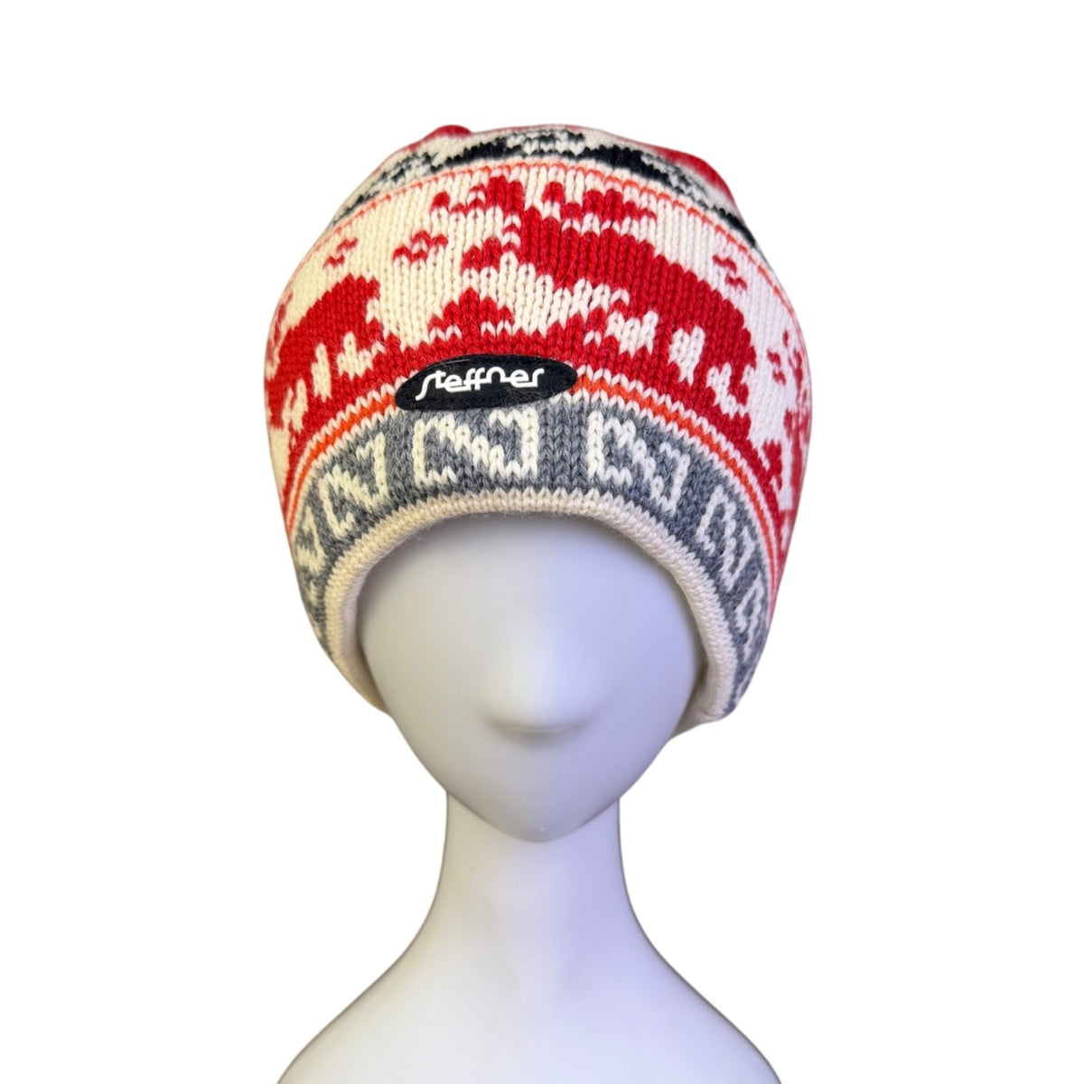 Steffner Red/Gray/White Womens Knitted Patterned Beanie Hat Winter Accessory