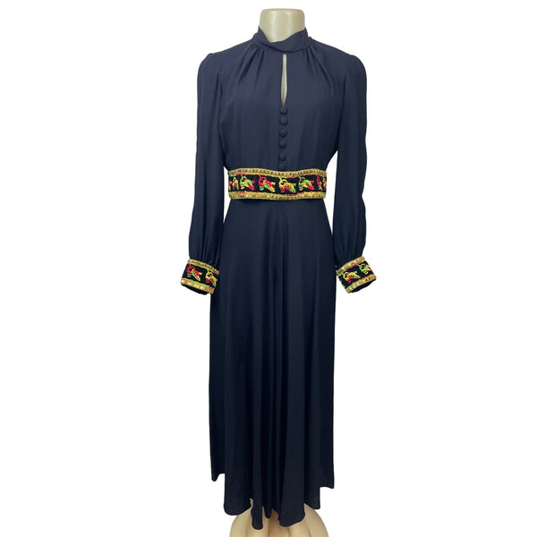 Vintage 1960s Ultra Wide Leg Women’s Black with Embroided Belt Jumpsuit Sz M