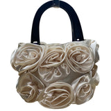 For Your Ease Only Women’s Ivory Floral Rose Satin With Black Handles Handbag
