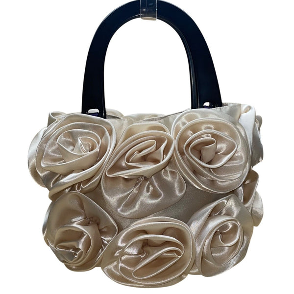 For Your Ease Only Women’s Ivory Floral Rose Satin With Black Handles Handbag