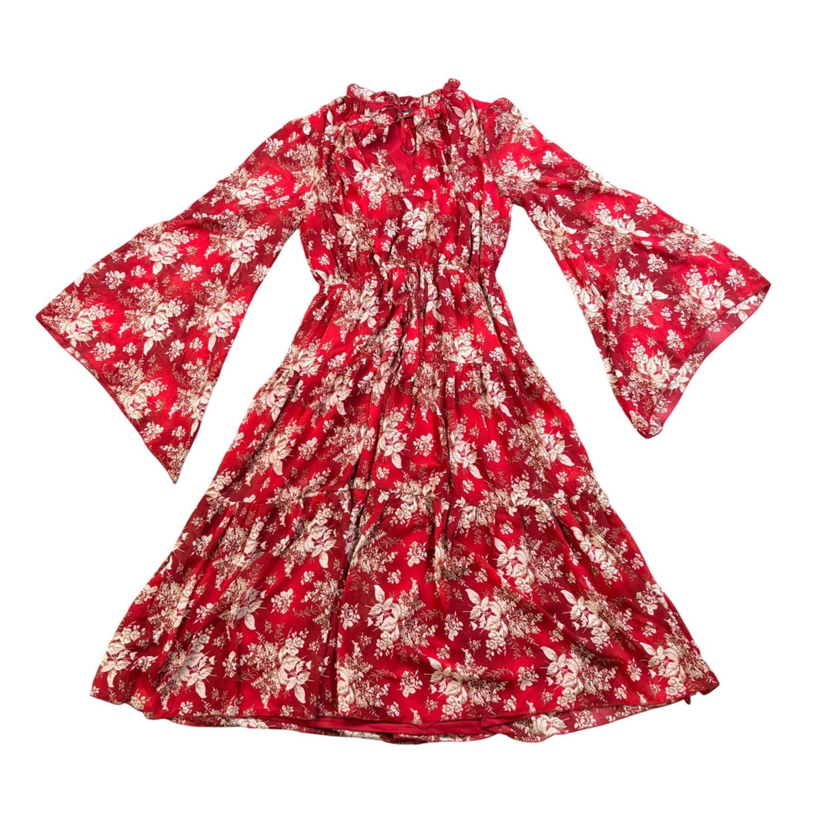 Missguided Womens Red Floral Midi Dress With Bell Sleeves Size US 6