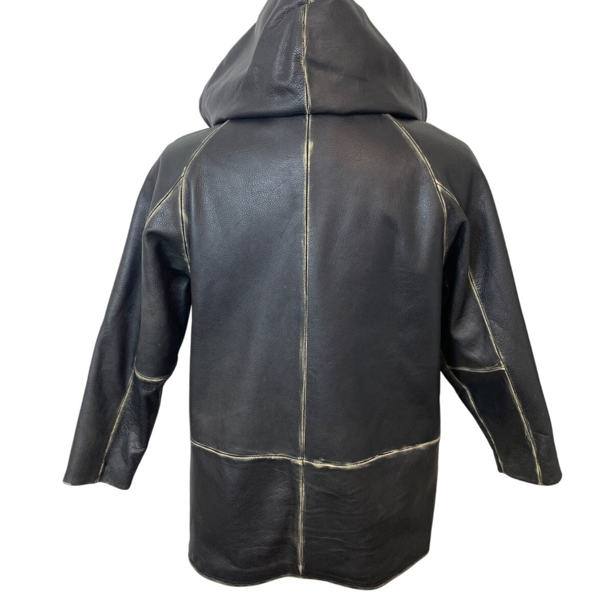 Fitigueso Men's Black Leather Hoodie With Washed Seam Size M