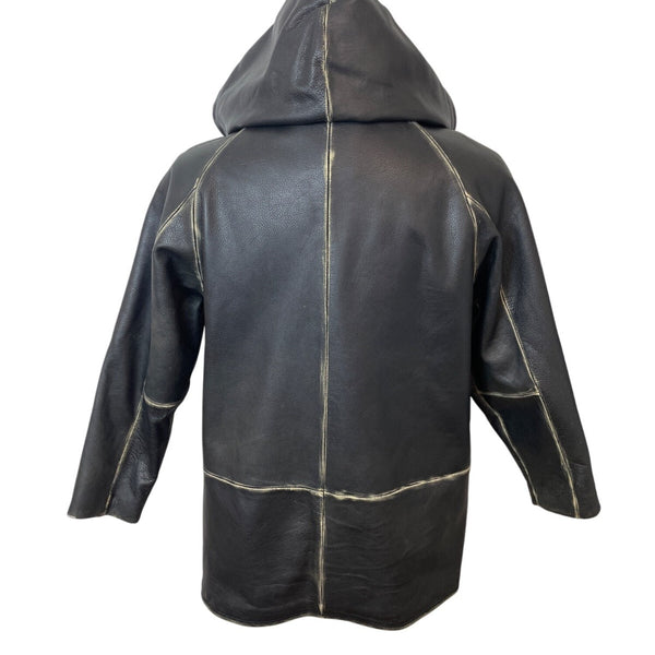 Fitigueso Men's Black Leather Hoodie With Washed Seam Size M