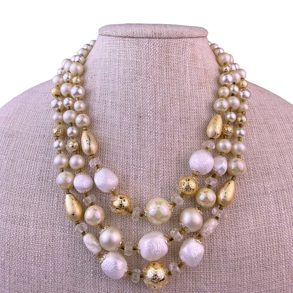 Japan Womens Gold/White Beaded Triple-Strand Necklace Assorted Beads Adjustable