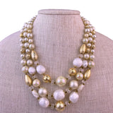 Japan Womens Gold/White Beaded Triple-Strand Necklace Assorted Beads Adjustable