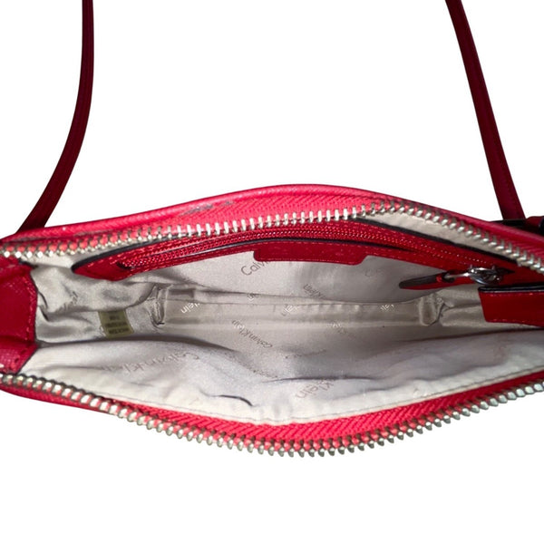 Calvin Klein Women’s Red Faux Leather Chain Strap Zip Closure Crossbody Bag