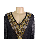 Chetan Creations Black Silk Hand Woven Sequined Beaded Top Gold V-Neck Sz M
