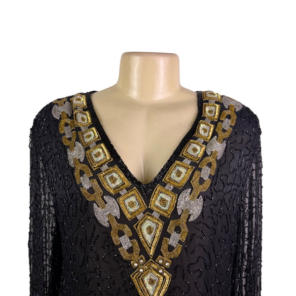 Chetan Creations Black Silk Hand Woven Sequined Beaded Top Gold V-Neck Sz M