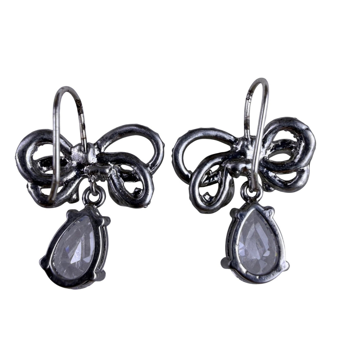 Silver Tone Womens Bow Drop Earrings W/ Pear-Shaped Rhinestone Accent Design