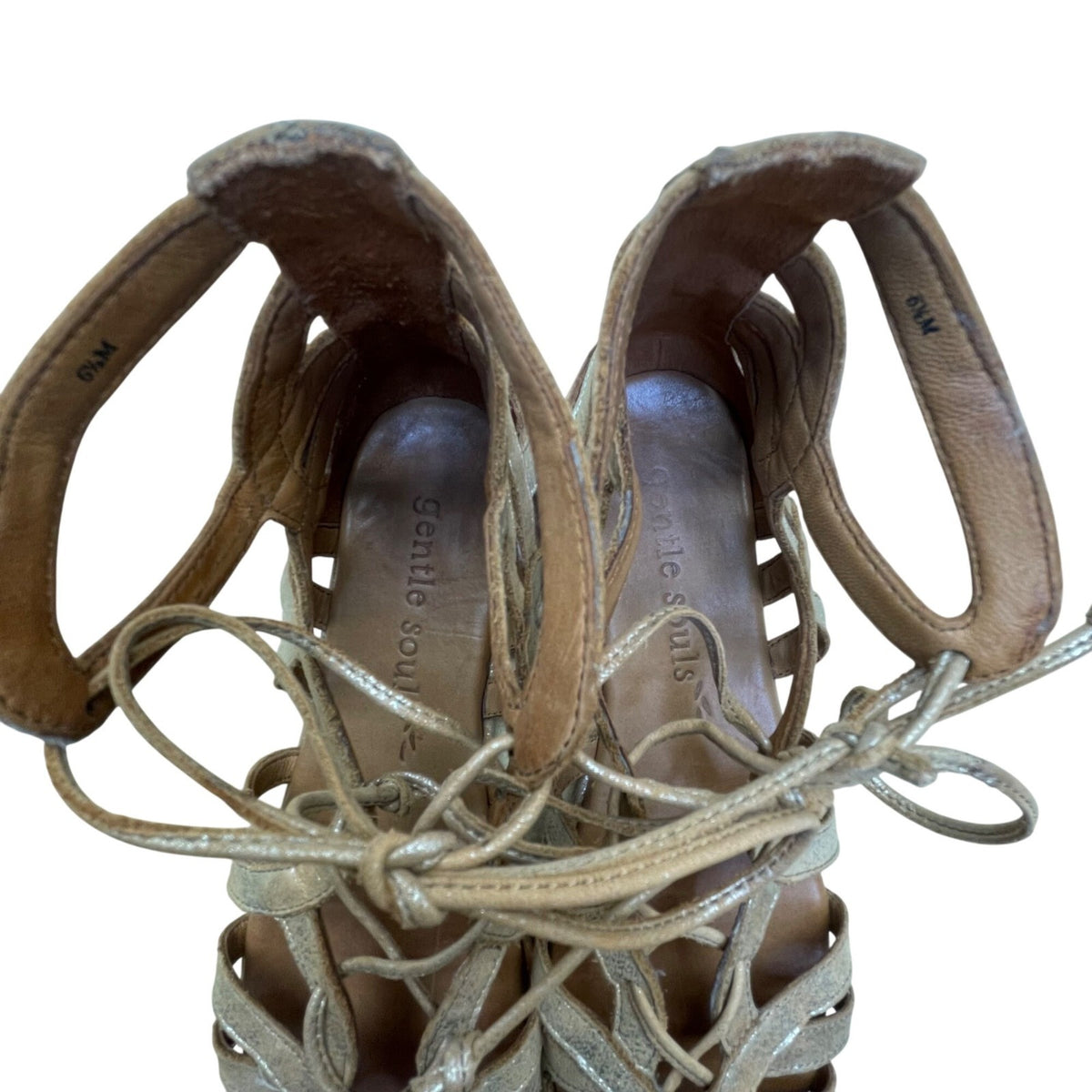 Gentle Souls Women’s Gold Leather Open Toe Lace Up Gladiator Sandals Size 6.5M