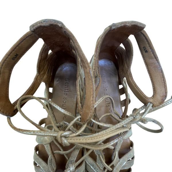 Gentle Souls Women’s Gold Leather Open Toe Lace Up Gladiator Sandals Size 6.5M