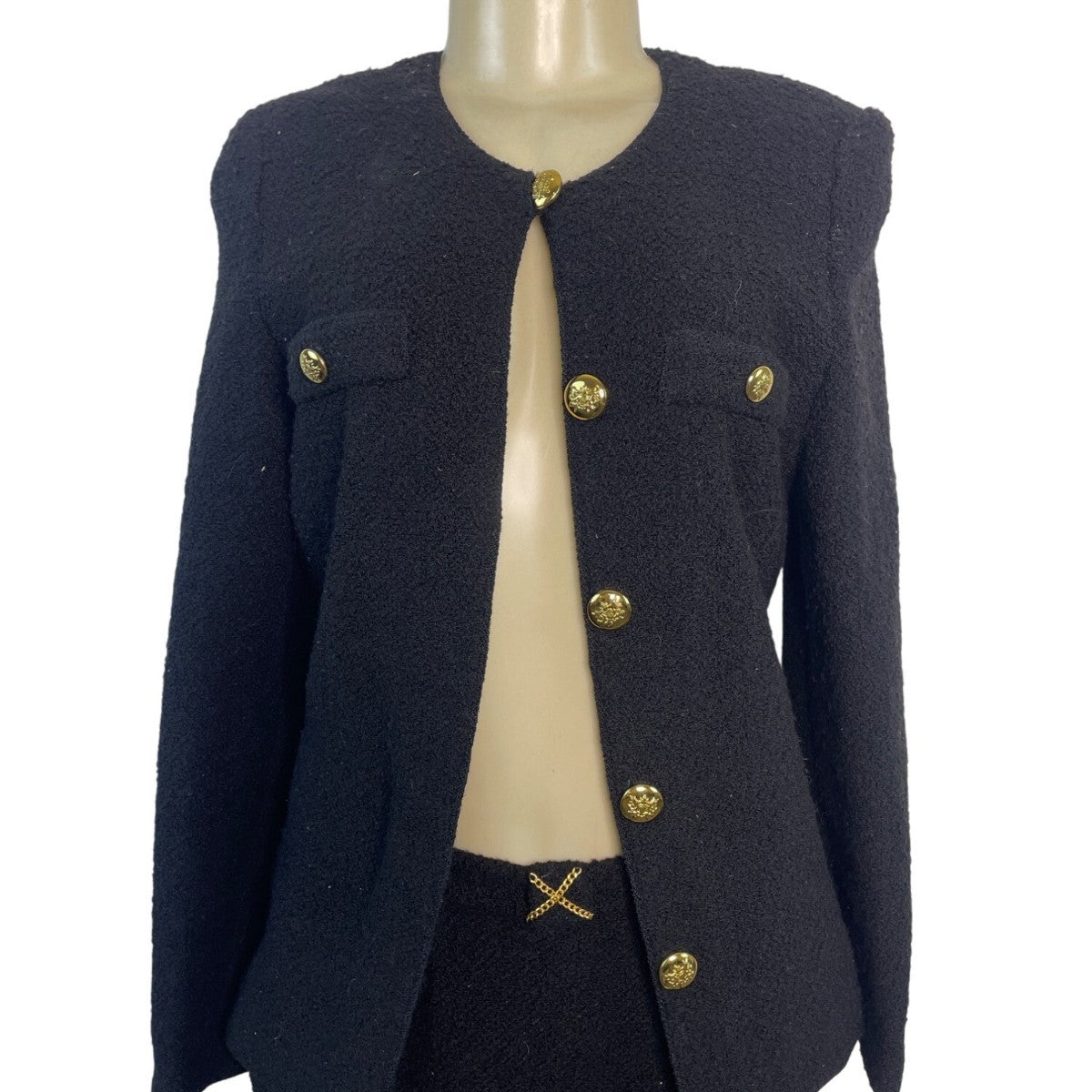 Vintage Black Bouclé Skirt Suit With Gold Button Details