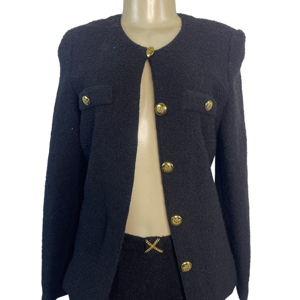 Vintage Black Bouclé Skirt Suit With Gold Button Details