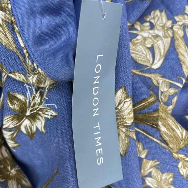 London Times Womens Blue Gold Floral Sleeveless Belted Midi Dress Size 10 - New