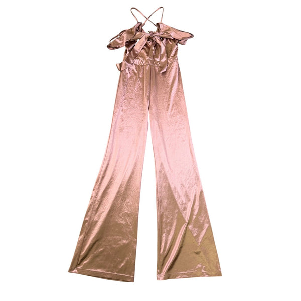 Fashion Nova Women Rose Gold Off-The-Shoulder Ruffle Jumpsuit Size M