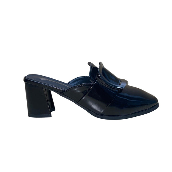 Starcate Women’s Black Patent & Silver Buckle Block Heel Slip-On Mules Size 37