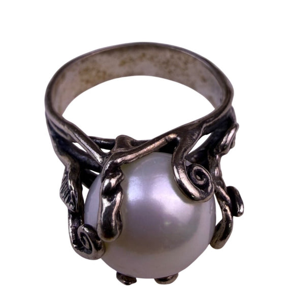 Sterling Silver Womens White Pearl Ring Leaf Branch Handmade Elegant Look