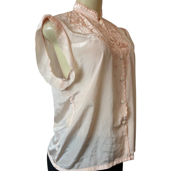 Vintage Mariane Womens Blouse With Lace Embroidery In Peach Satin Sz M/L