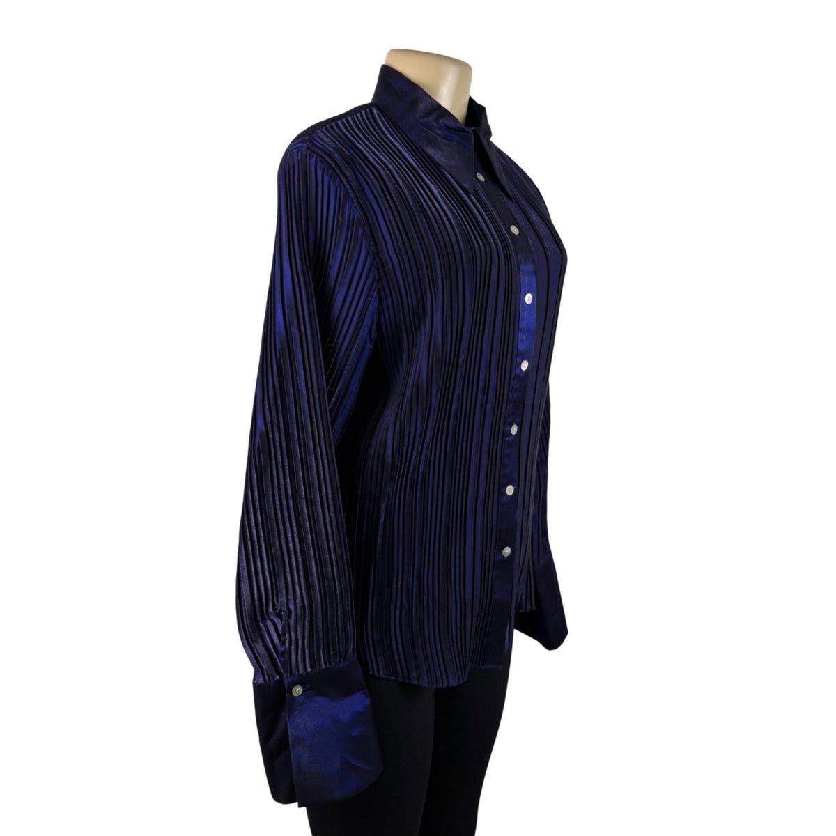 Caviar Womens Navy Satin Blend Pleated Button-Up Shirt Long Sleeve Sz XL