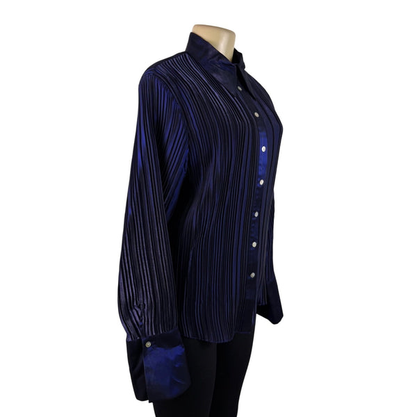 Caviar Womens Navy Satin Blend Pleated Button-Up Shirt Long Sleeve Sz XL