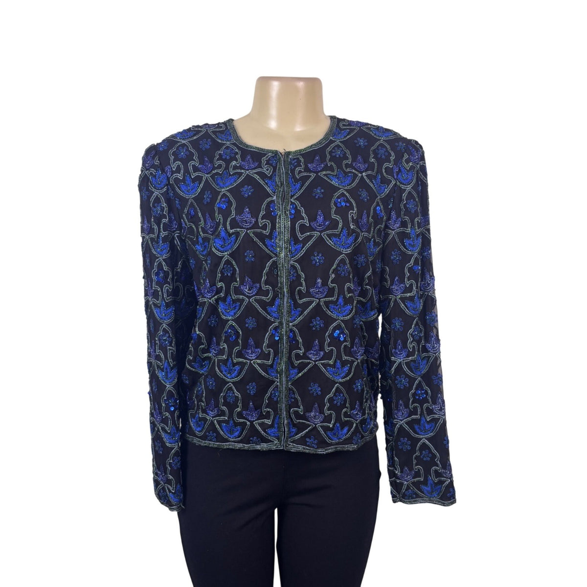 Laurence Kazar Womens Black & Blue Silk Beaded Floral Jacket Elegant Size M