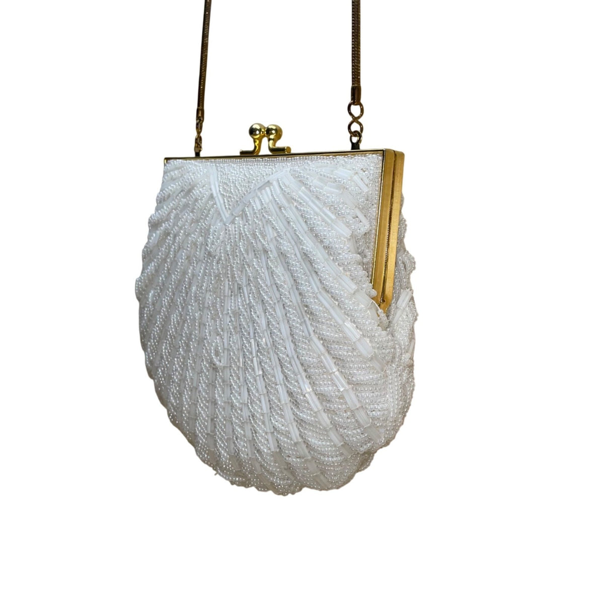 Lindsay Blake Women’s White Beaded Shell Evening Bag With Gold Chain Strap