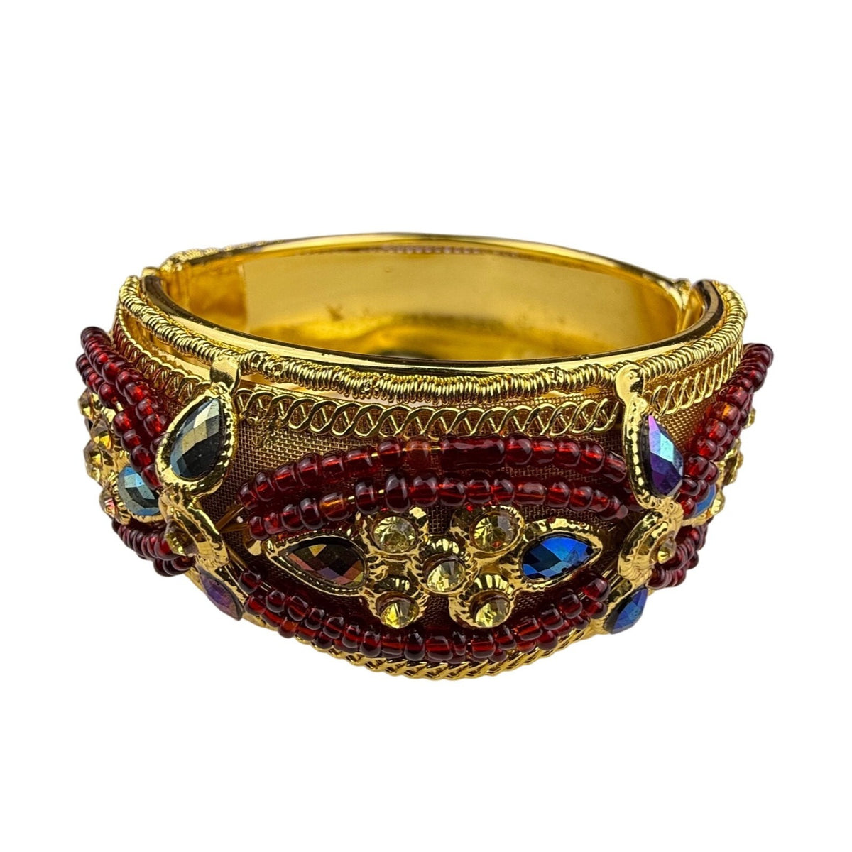 Gold Tone Multi-Color Beaded Womens Hinged Cuff Bracelet With Rhinestones