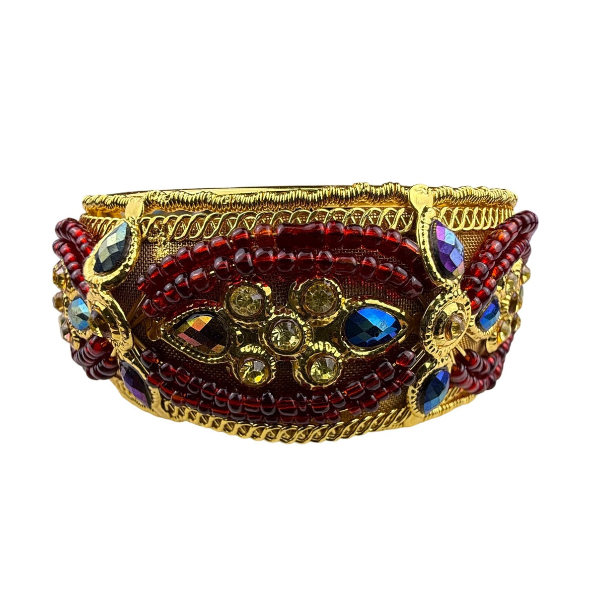 Gold Tone Multi-Color Beaded Womens Hinged Cuff Bracelet With Rhinestones