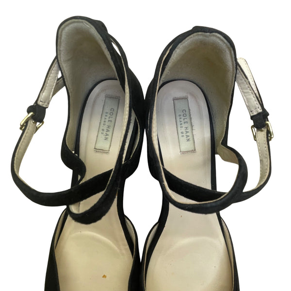 Cole Haan Women’s Black Suede Grand Os Ankle Strap Wedge Heels Size 8.5