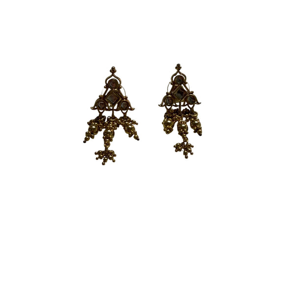 Gold Plated Womens Dangling Chandelier Earrings Intricate Design Pearl Accents