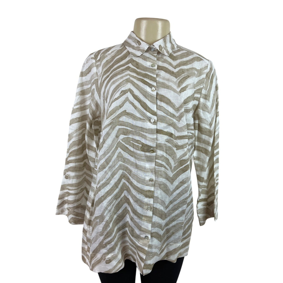 iLinen  Zebra Print Button-Up Shirt Natural Ivory Linen Womens Size M - New