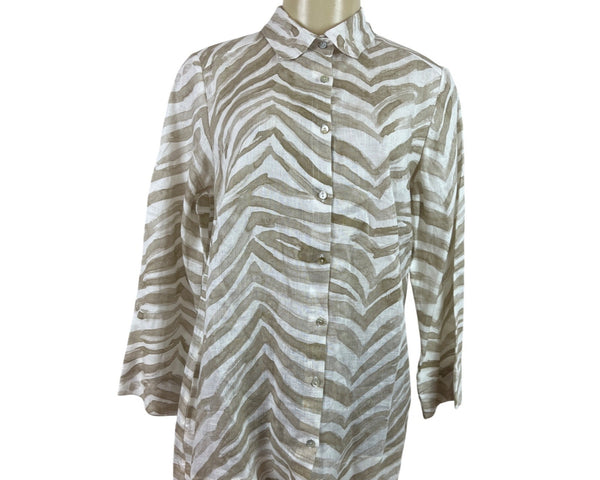 iLinen Zebra Print Button-Up Shirt Natural Ivory Linen Womens Size M - New