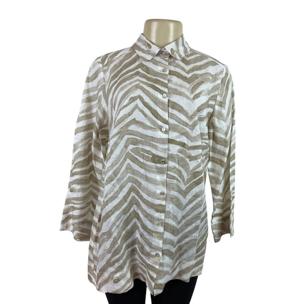 iLinen  Zebra Print Button-Up Shirt Natural Ivory Linen Womens Size M - New