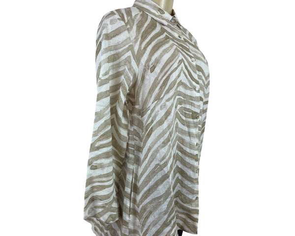 iLinen Zebra Print Button-Up Shirt Natural Ivory Linen Womens Size M - New