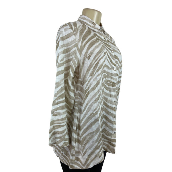iLinen  Zebra Print Button-Up Shirt Natural Ivory Linen Womens Size M - New