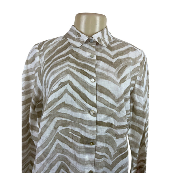 iLinen  Zebra Print Button-Up Shirt Natural Ivory Linen Womens Size M - New