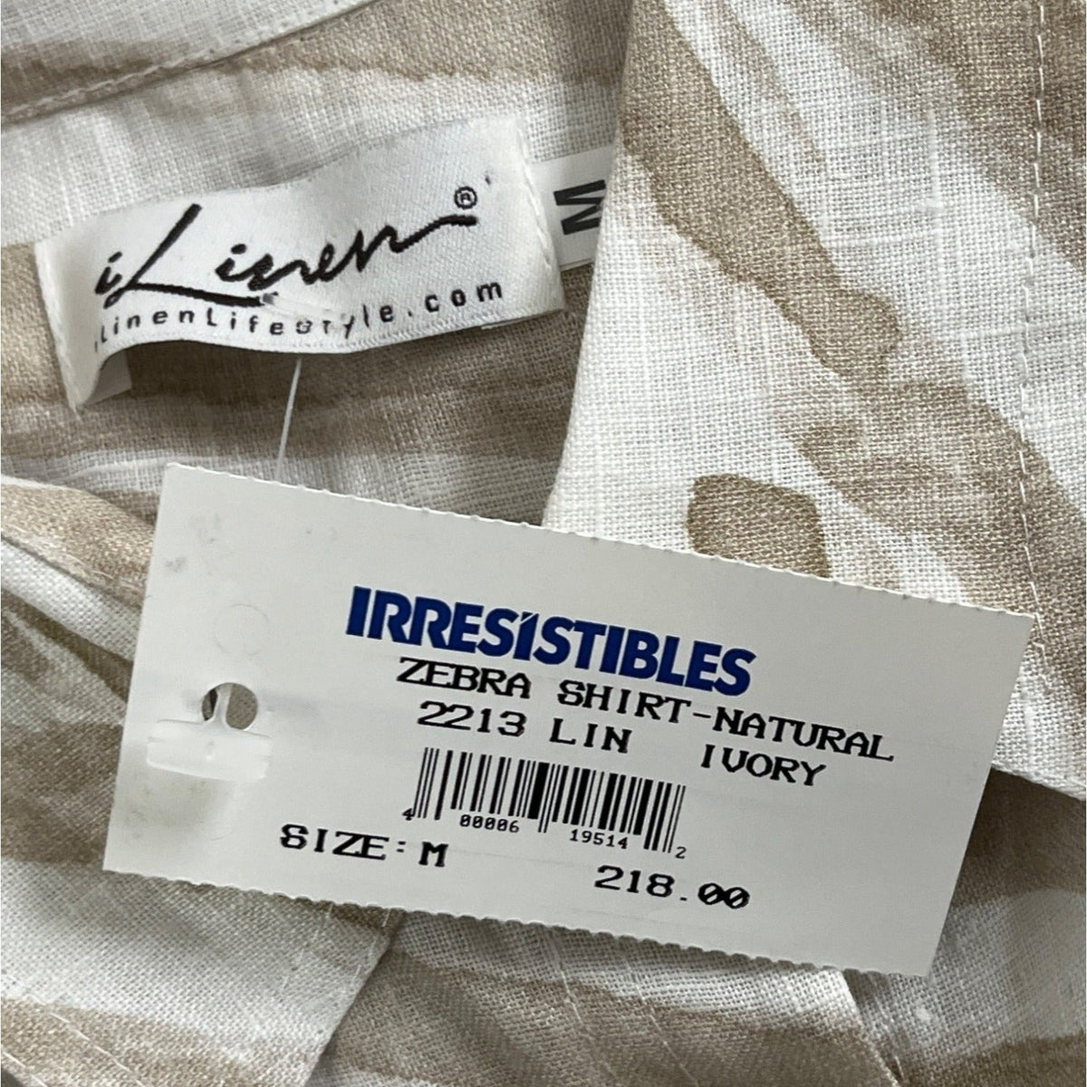 iLinen  Zebra Print Button-Up Shirt Natural Ivory Linen Womens Size M - New