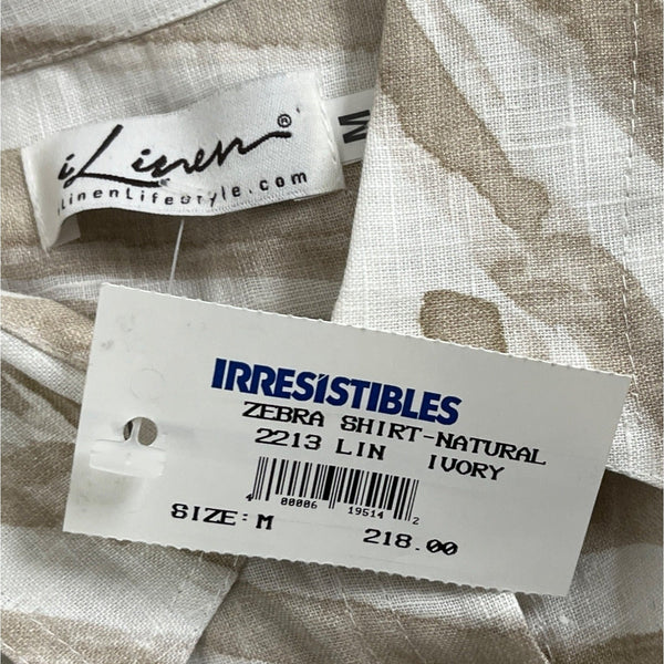 iLinen  Zebra Print Button-Up Shirt Natural Ivory Linen Womens Size M - New