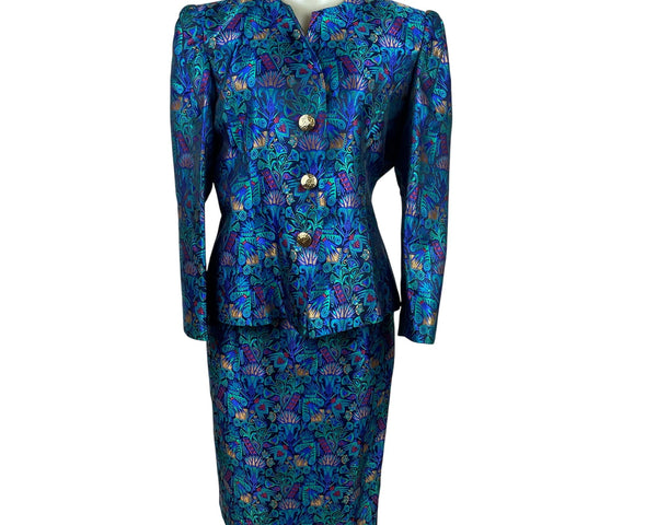 Vintage Guy Laroche Turquoise Satin Skirt & Jacket Set With Floral Print Sz W14