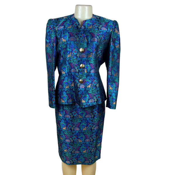 Vintage Guy Laroche Turquoise Satin Skirt & Jacket Set With Floral Print Sz W14