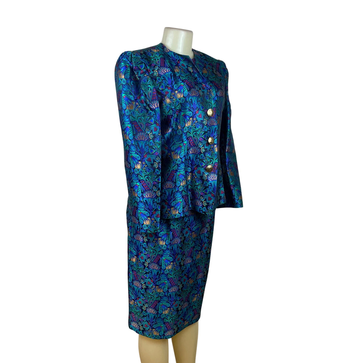 Vintage Guy Laroche Turquoise Satin Skirt & Jacket Set With Floral Print Sz W14