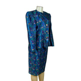 Vintage Guy Laroche Turquoise Satin Skirt & Jacket Set With Floral Print Sz W14