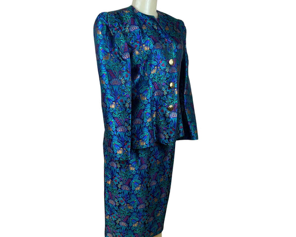 Vintage Guy Laroche Turquoise Satin Skirt & Jacket Set With Floral Print Sz W14