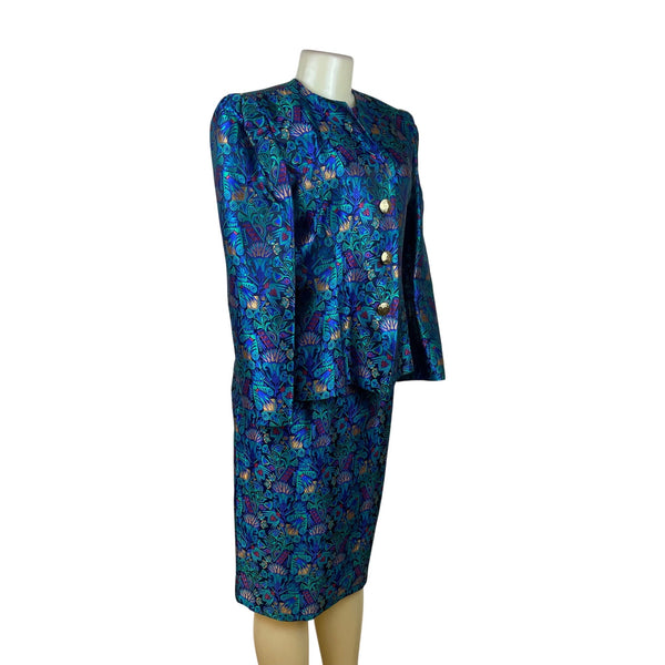 Vintage Guy Laroche Turquoise Satin Skirt & Jacket Set With Floral Print Sz W14