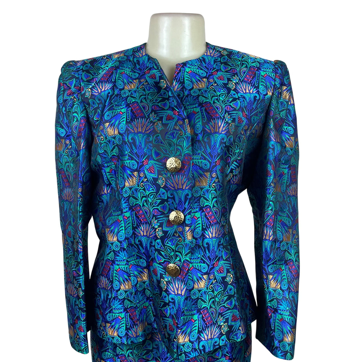 Vintage Guy Laroche Turquoise Satin Skirt & Jacket Set With Floral Print Sz W14