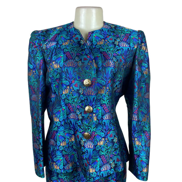 Vintage Guy Laroche Turquoise Satin Skirt & Jacket Set With Floral Print Sz W14